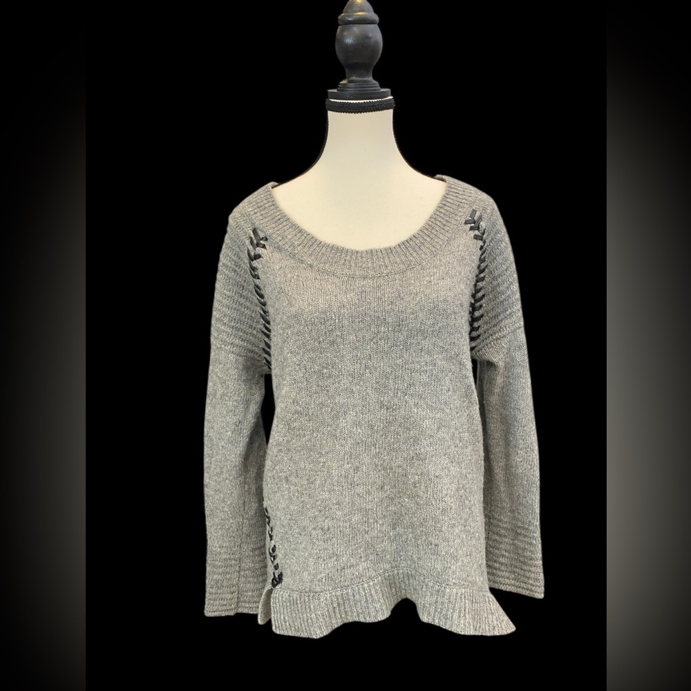 Gabby Isabella Heather Gray Sweater asymmetrical with faux leather stitching